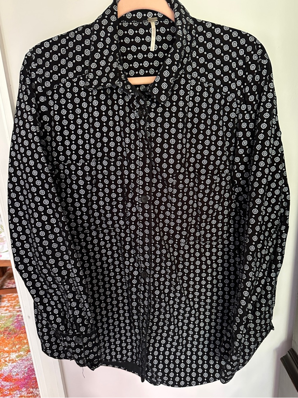 Free People Black Button-Down Shirt with White Geometric Print